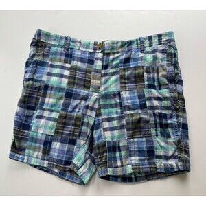 TALBOTS Plaid Shorts Women’s 14 Mid-Rise 6” Inseam Cotton Blue Pockets Preppy